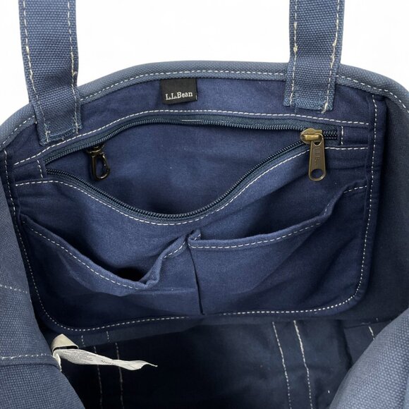 L.L. Bean Blue Cotton Canvas Leather Tote Bag Women's Multiple Pockets - Picture 7 of 9
